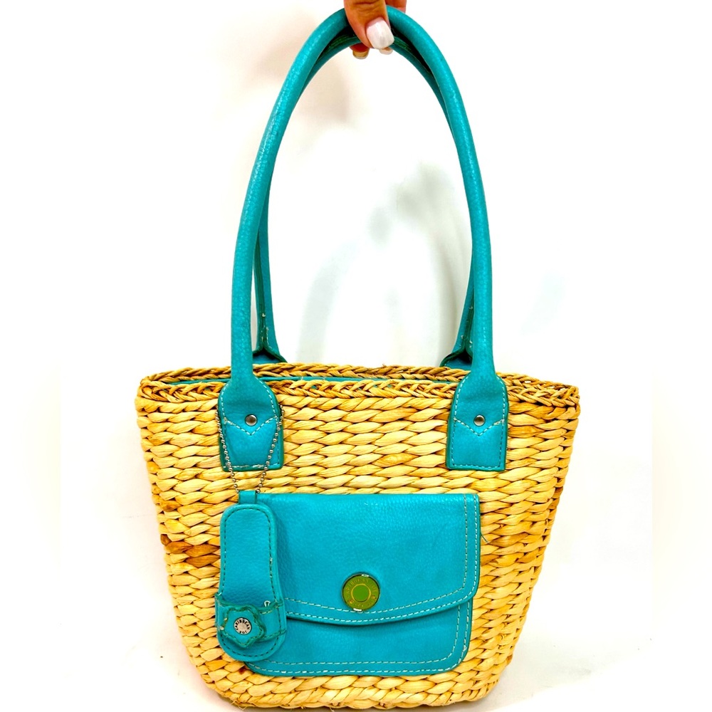 Caribbean Joe Straw Wicker Bag with Turquoise Leather Accents